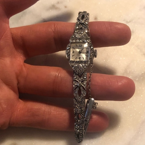 1950s Art Deco Style Sterling Silver Marcasite Ricoh Watch 6.1” - 6.7” Stretch - Picture 6 of 15